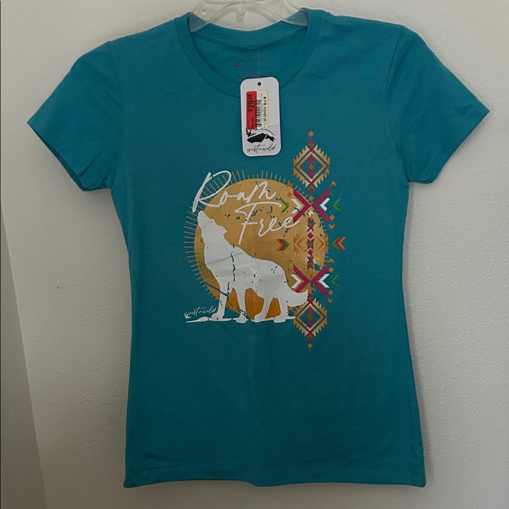 West & Wild Teal Wolf Born Free Aztec Sun Print T-Shirt Size M NWT